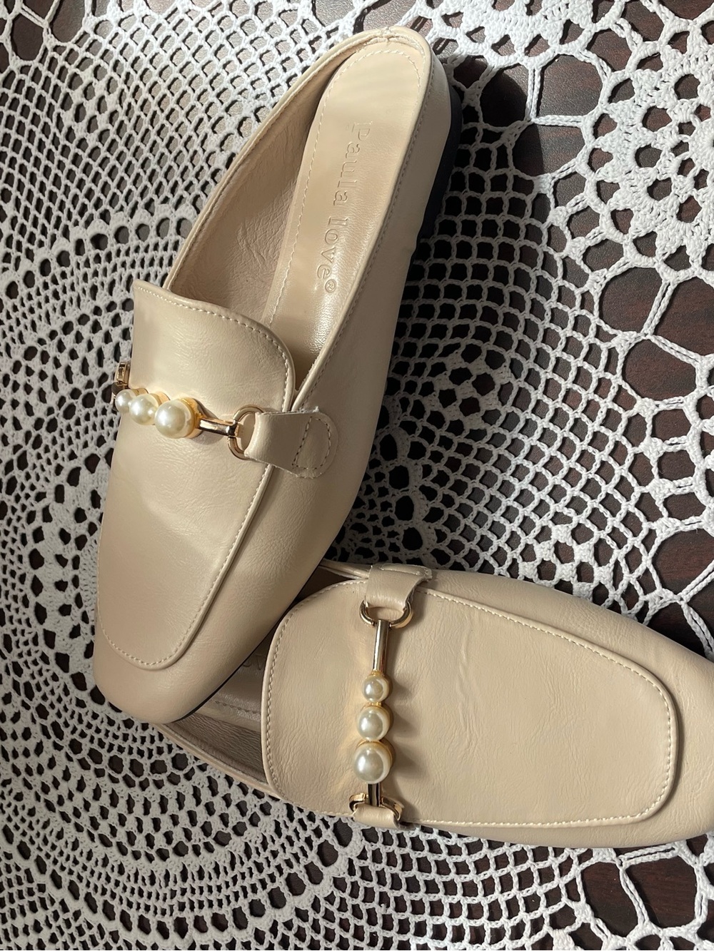 Beige Pearl-Accent Leather Mule Loafers